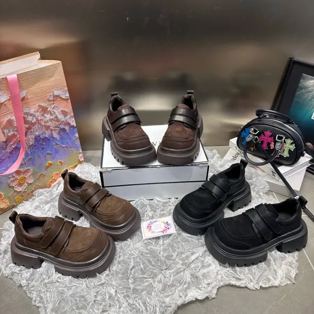 圆头魔术贴高跟中口性感风乐福鞋复古时尚日系