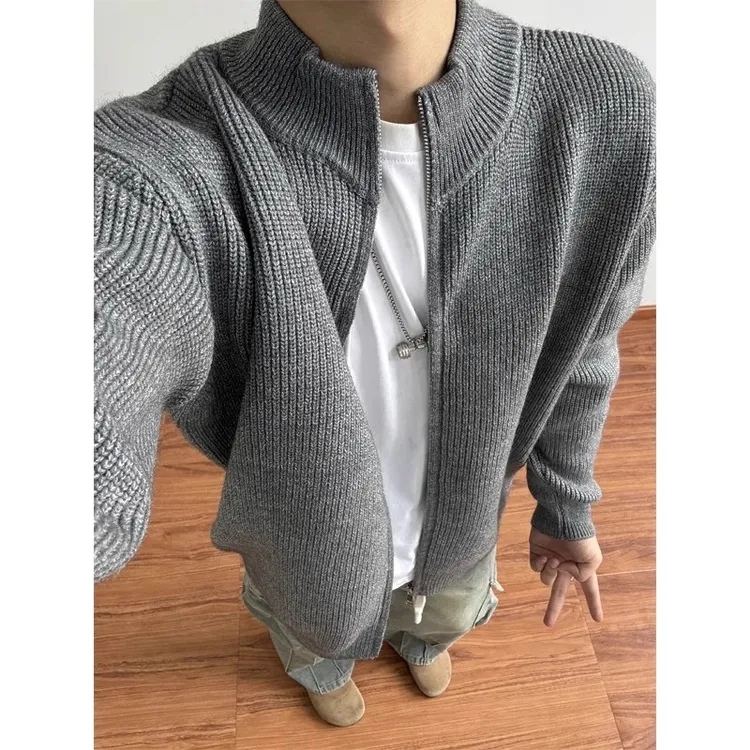 秋冬男款灰色高领毛衣开衫加厚卫衣纯色修身打底美式复古夹克外套