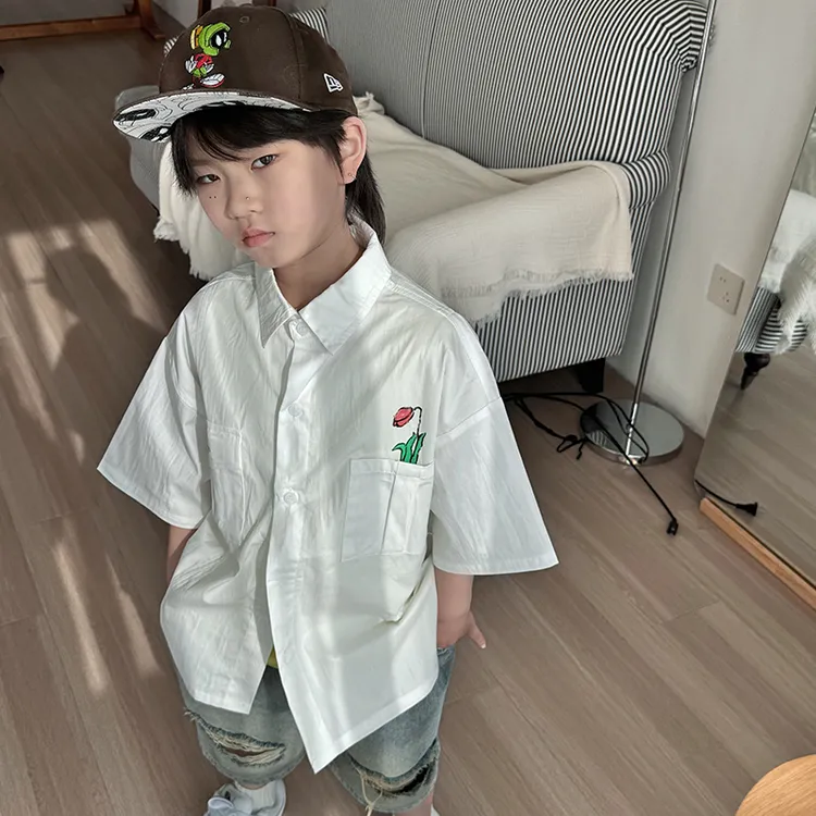 新款 男童短袖衬衫2025年夏季新款儿童韩版白色涂鸦趣味衬衣潮