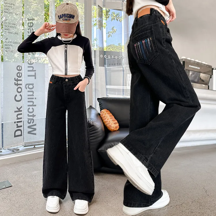 女童牛仔裤春秋装大童休闲窄版直筒长裤学生秋冬加绒宽松阔腿裤子