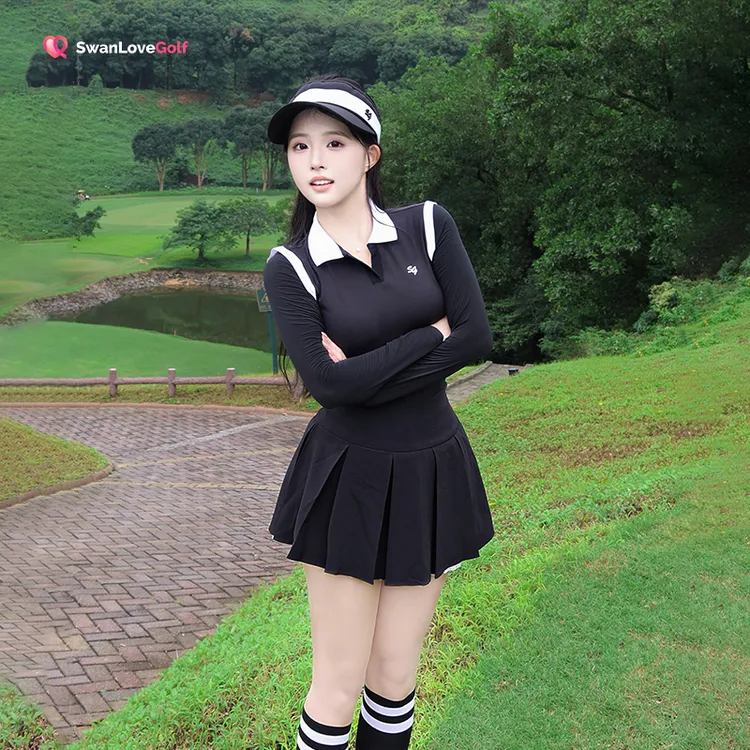 夏季高尔夫女装薄款英伦风撞色简约小v领速干透气蝴蝶百褶裙女