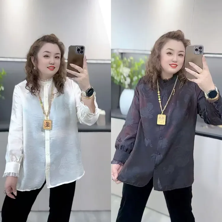32332（丹姐家）设计感褶皱花边领微喇长袖衬衫秋新款高级感上衣