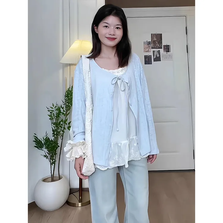 大码女装胖mm韩系蕾丝吊带背心+长袖针织开衫2025秋季显瘦套装