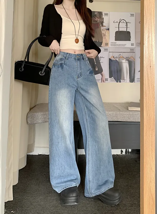 秋冬复古蓝高腰牛仔裤女2025春季直筒宽松拖地垂感阔腿裤子