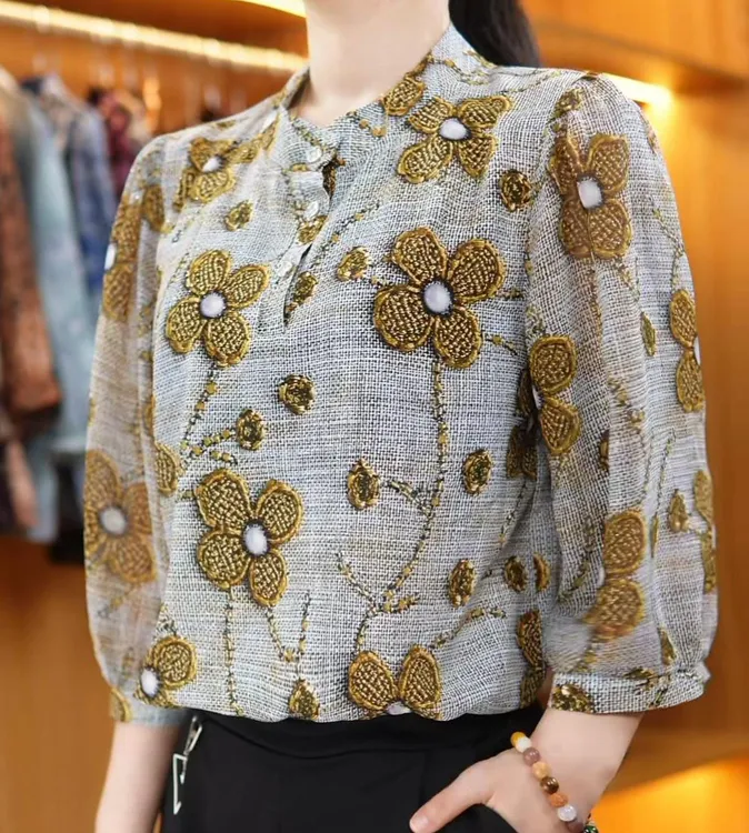 【夏季新款】金色小花气质优雅时尚衬衣衬衫小衫七分袖上衣