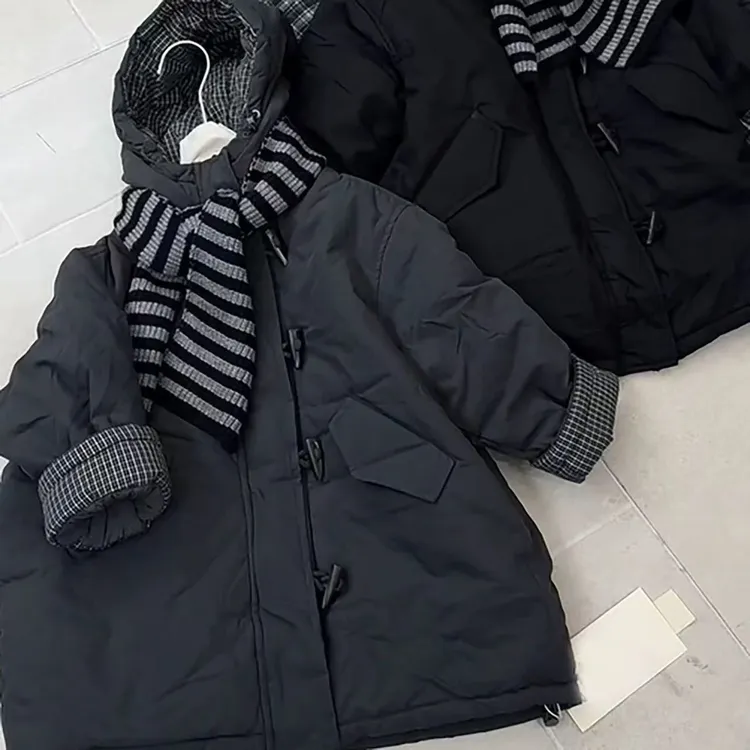 男女童棉服2025新款冬季韩系洋气格子拼接中长款加绒加厚连帽棉衣