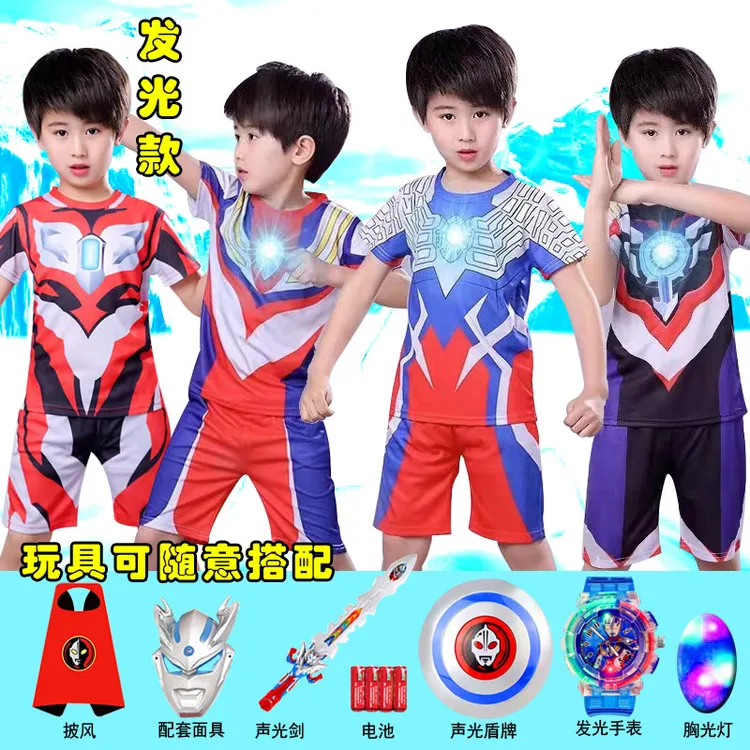 新款发光奥特曼衣服男童泽塔迪迦赛罗T恤短袖小男孩儿童薄款套装