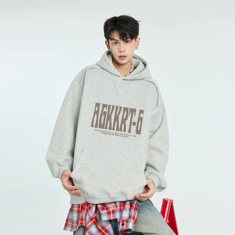 秋冬新款发泡印花加绒加厚卫衣男潮牌宽松连帽长袖外套设计感小众