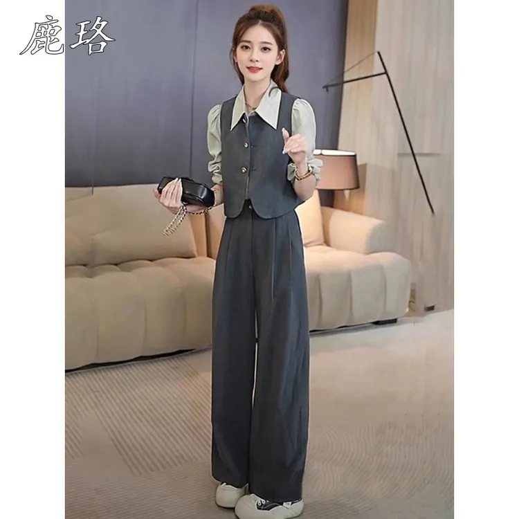 入秋女装一整套高级感气质西装马甲衬衫阔腿裤显瘦阔腿裤三件套装