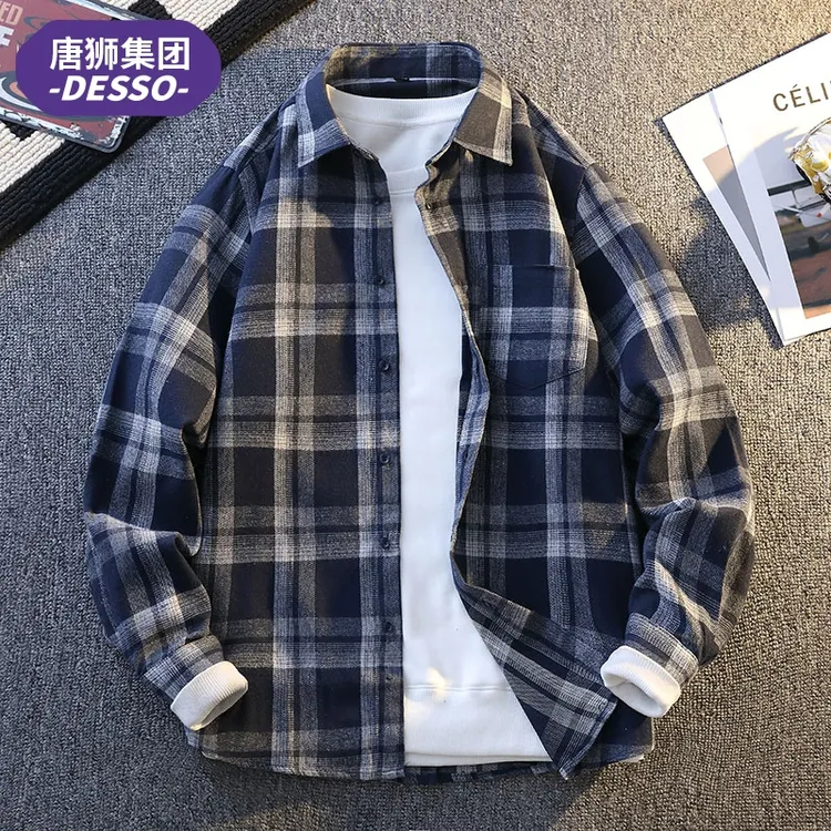 唐狮集团DESSO日系格子长袖衬衫男春季休闲宽松百搭衬衣潮流外套