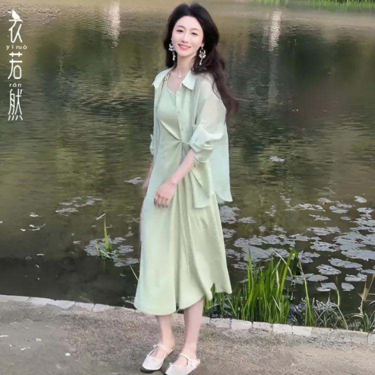 法式甜美吊带连衣裙女夏装新款冰丝防晒衫一整套气质吊带裙两件套