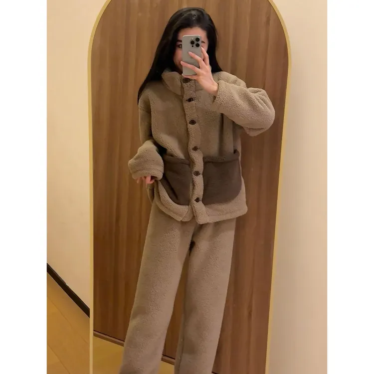【清高定】高织高密加绒北羔绒睡衣女秋冬季套装家居服保暖长袖