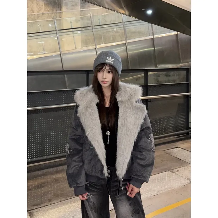 美式高街座山雕棉服男女冬季加厚连帽毛领外套高级感痞帅夹克棉衣