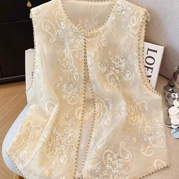 2025夏季重工钉珠刺绣高级感轻奢薄款马夹上衣新中式国风马甲女装