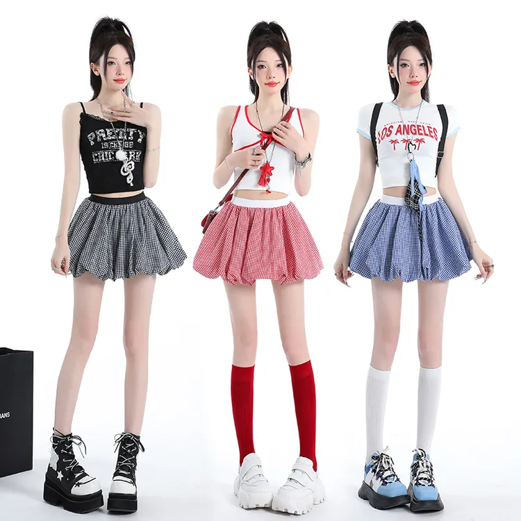 撞色格子蓬蓬裙半身裙女2025夏季新款高腰显瘦花苞防走光短裤裙