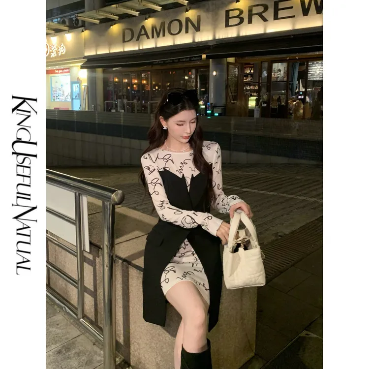 KUN【黑松露】特别深色系 冰丝印花针织拼TR假两件黑色气质女连衣裙