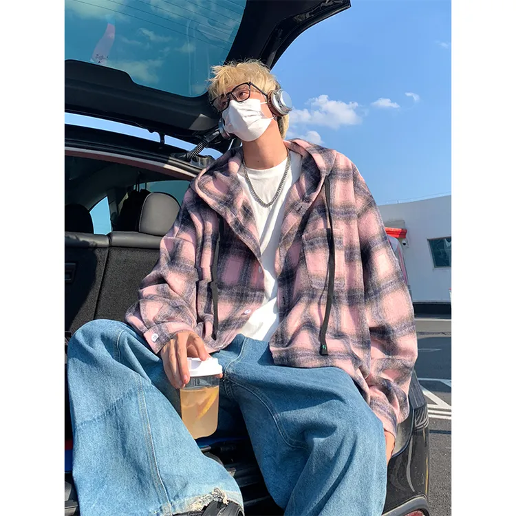 美式复古格子衬衫春秋季潮牌设计感连帽衬衣高街休闲百搭情侣外套