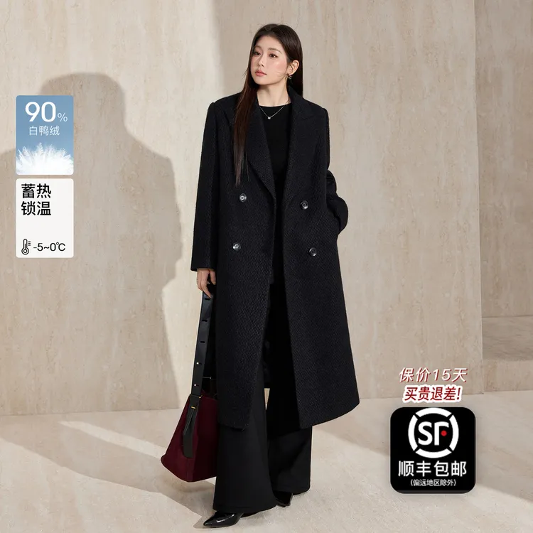 蓝语大码高级感加厚内胆羽绒大衣2025冬新款H型加厚保暖毛呢外套