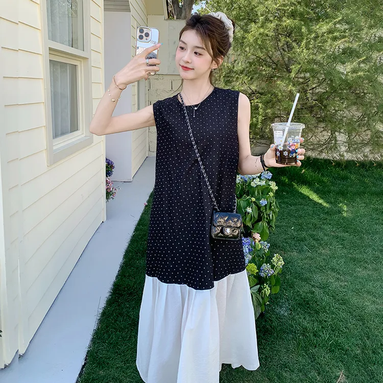 轻熟风气质黑色波点度假风长裙夏季新款小个子宽松显瘦鱼尾连衣裙