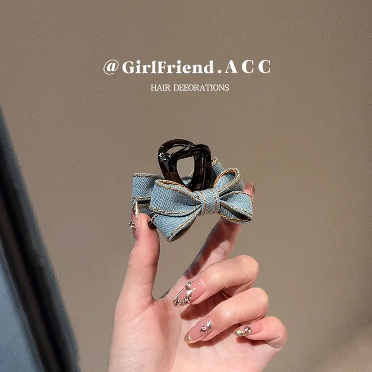 韩系牛仔蓝布艺蝴蝶结小抓夹高级感时尚鲨鱼夹复古发夹半扎发发饰