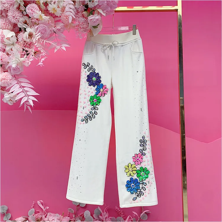 A4694欧美设计师2025冬季新款重工钉钻刺绣亮片立体花加绒休闲裤