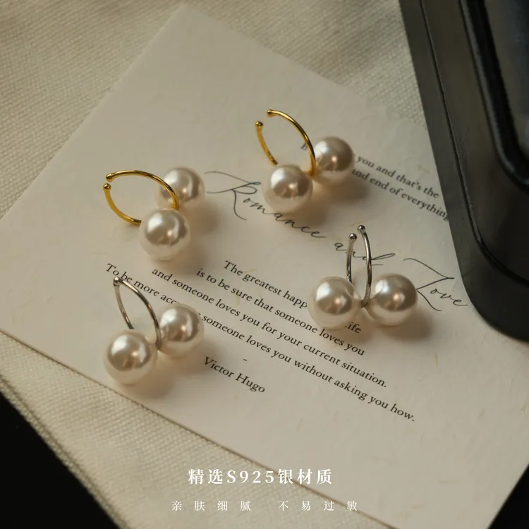丽沁 925银耳饰 双珠甜美耳夹优雅休闲风气质法式ins精致温柔小众