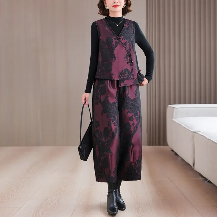 中式紫红两件套秋季中年妈妈休闲时尚洋气马甲松紧花苞灯笼裤套装