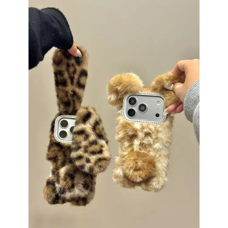 日韩治愈系毛绒豹纹长耳短耳兔适用于iphone17promax苹果16手机壳