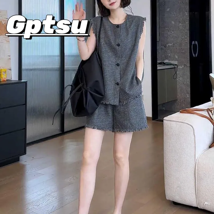 GPTSu夏装搭配一整套极简风洋气毛边无袖衬衫女高腰休闲显瘦短裤