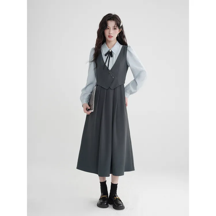 木易易 假两件连衣裙女早春韩系教资面试复试穿搭学院风衬衫裙子