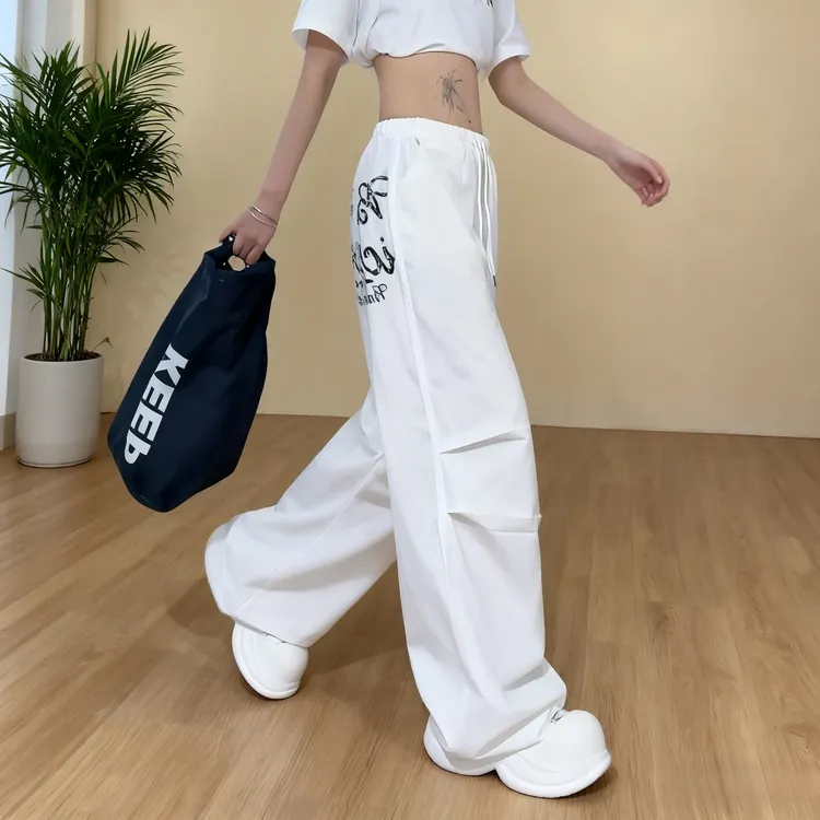 潮流抽绳高街女休闲设计感束脚直筒阔腿长裤ins小众街舞嘻哈情侣