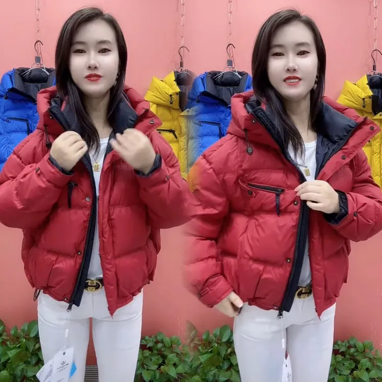 2025冬季新款时尚短款新年红连帽加厚羽绒服面包撞色鸭绒小个外套