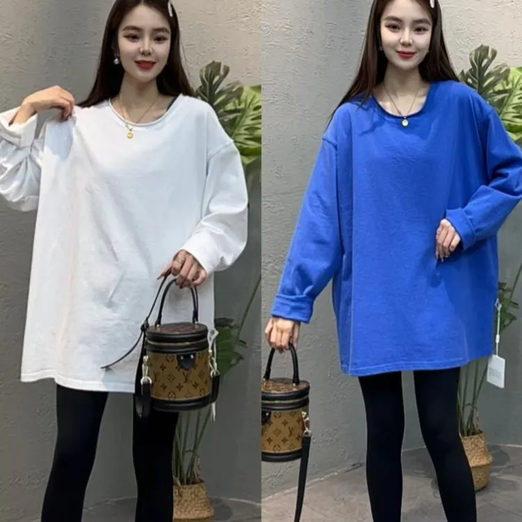 HG903秋冬新款韩版后小刺绣纯色宽松休闲长袖磨毛T恤打底衫女