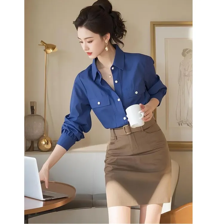 蓝色polo领长袖衬衫女设计感小众春秋独特别致超好看绝美上衣套装