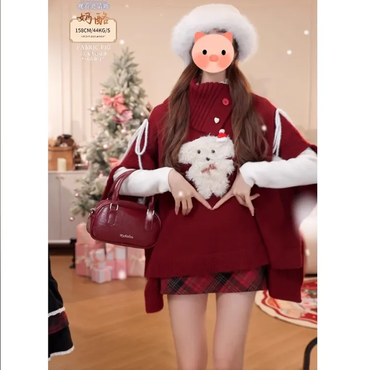 圣诞穿搭别致毛绒小狗针织衫女秋冬大码胖MM新年红斗篷翻领上衣女