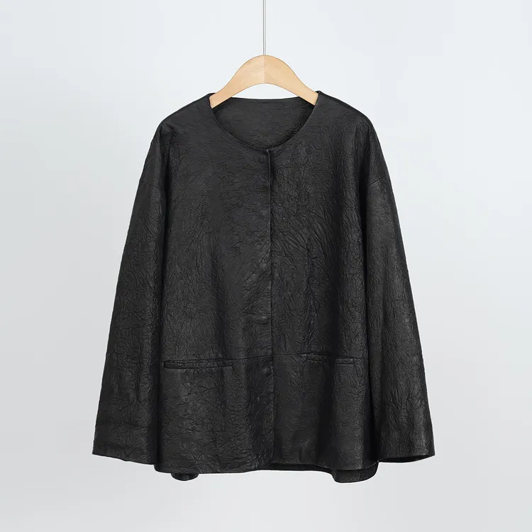 极简ROW风轻奢纯手工褶皱小胎羊100%绵羊皮女士皮衣外套（241390）