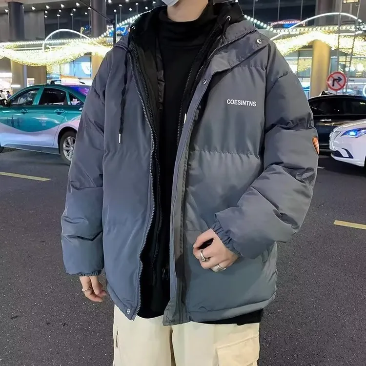 新款冬季美式复古潮流假两件棉衣男款日系棉服男生情侣连帽棉袄子