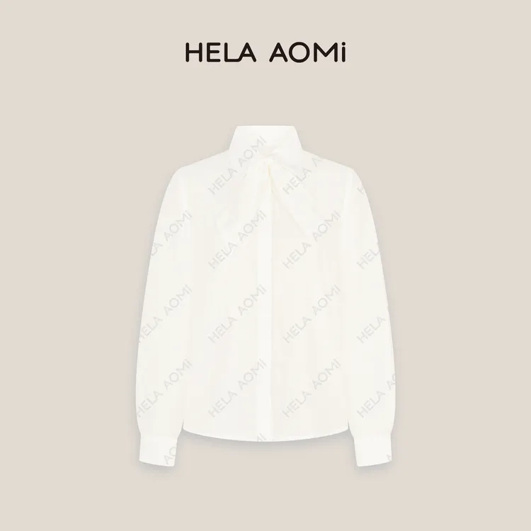 HELA AOMI“藤格纹衬衫”莱赛尔77%气质翻领时髦领结浮雕博主风衬衫