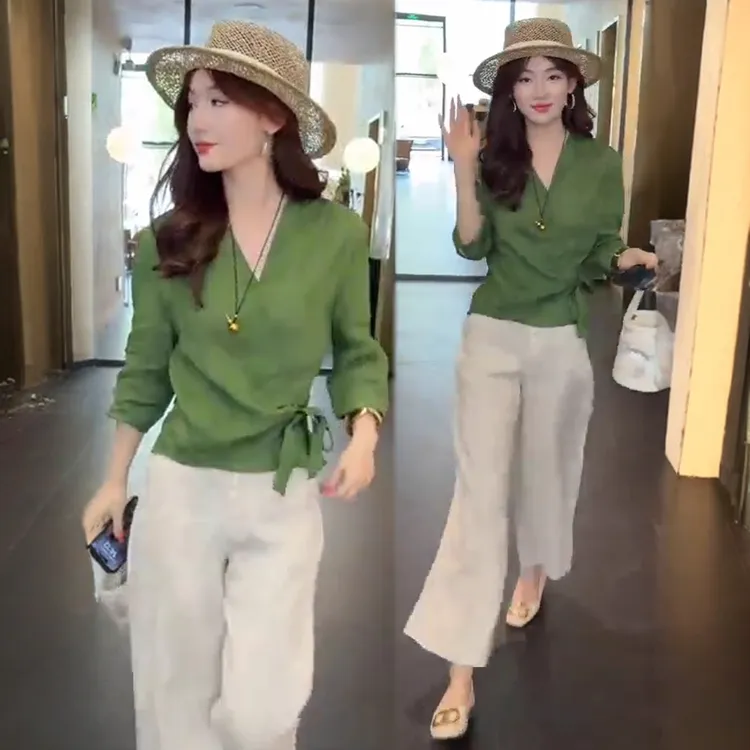 时尚套装女2025秋季新款时髦洋气收腰系带衬衫直筒阔腿裤两件套潮