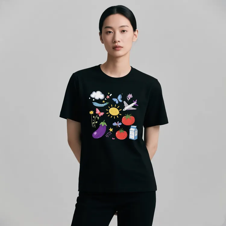 WPRA多巴胺卡通手绘印花情侣短袖T恤夏季宽松百搭休闲圆领透气