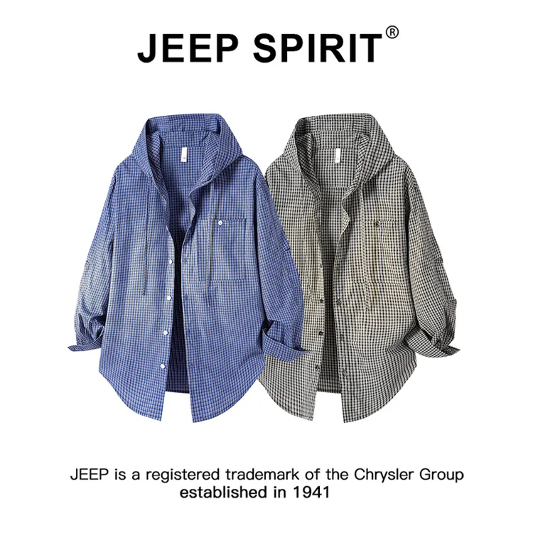 JEEPSPIRIT吉普复古休闲格子衬衫男秋季新款宽松慵懒连帽长袖衬衣