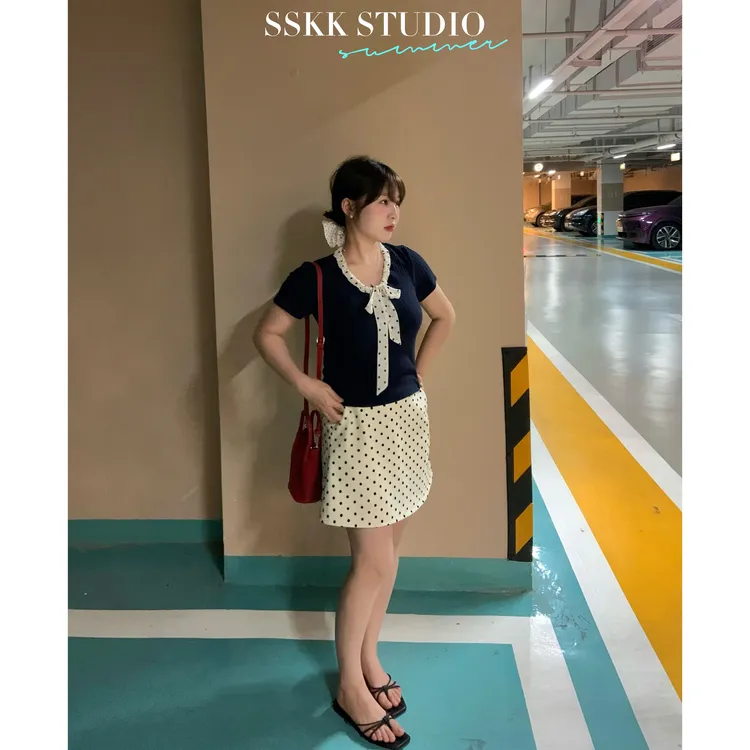 KMZY/KMZY山_山【蔓野甜茶】微胖mm韩版杏色印花波点a字显瘦半身裙