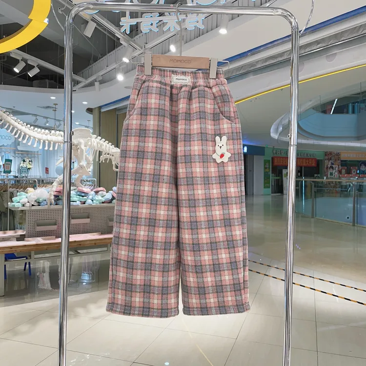 MOMOCO女童冬季加绒新款时尚韩版玩偶格子直筒休闲裤77830354003