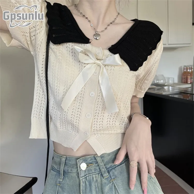 gpsunlu娃娃领短款短袖恤女夏季新款小个子针织独特漂亮高级上衣