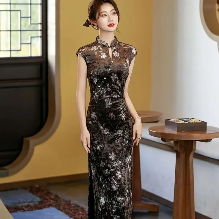 【秋香月】秋款衣长126新中式文艺复古丝绒旗袍立领显瘦修身