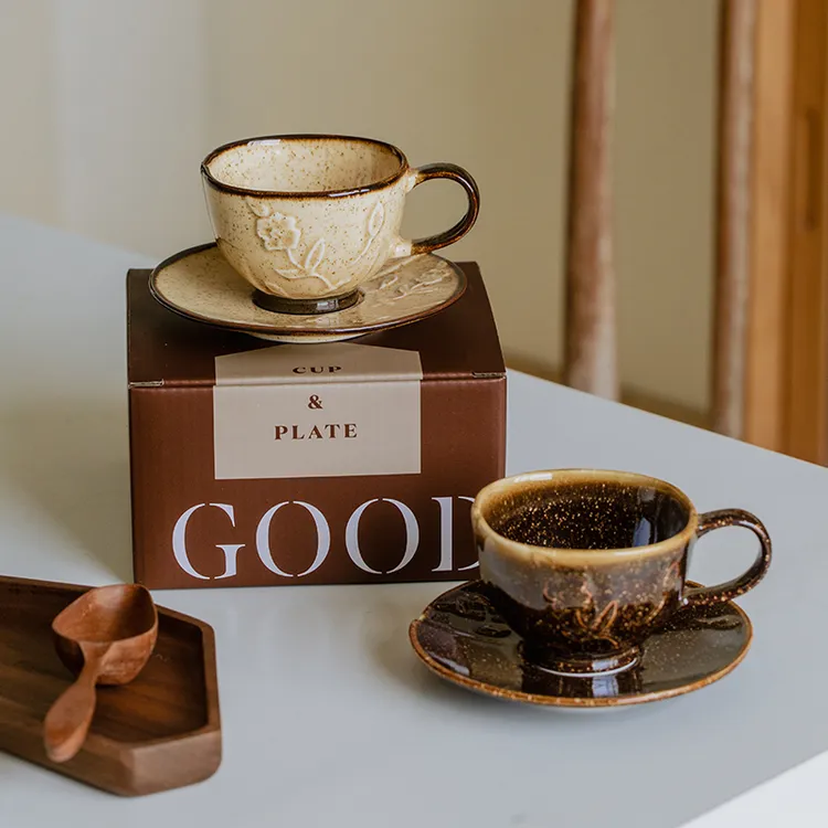 复古杯焦糖色家用商用窑变日式创意陶瓷咖啡杯碟拉花杯拿铁杯水杯