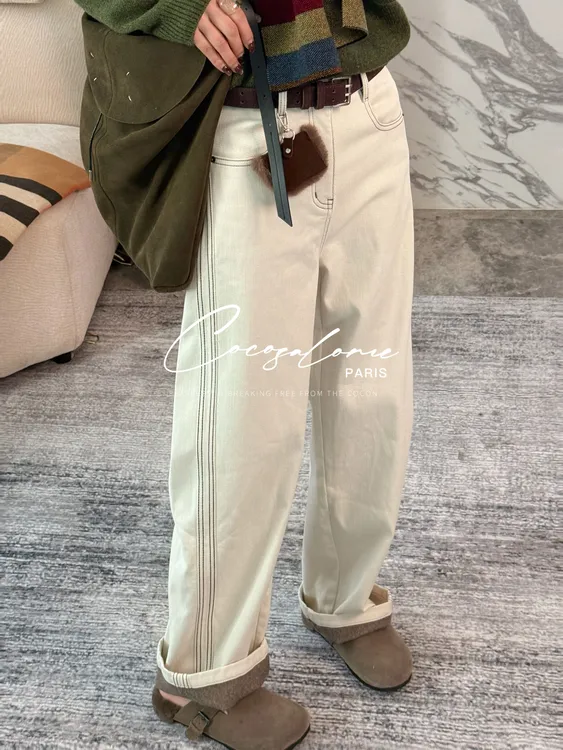 韩彬彬"长毛裤"500g超重磅加绒配腰带极简秋冬小弯刀牛仔裤3278-7