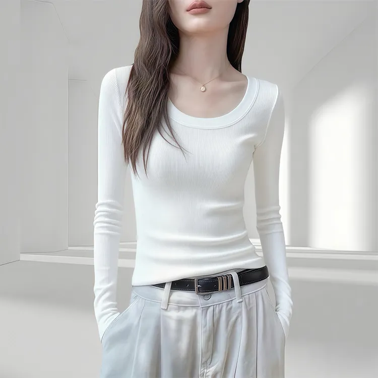 长袖t恤女2025秋冬新款百搭修身显瘦正肩基础款大圆领内搭打底衫