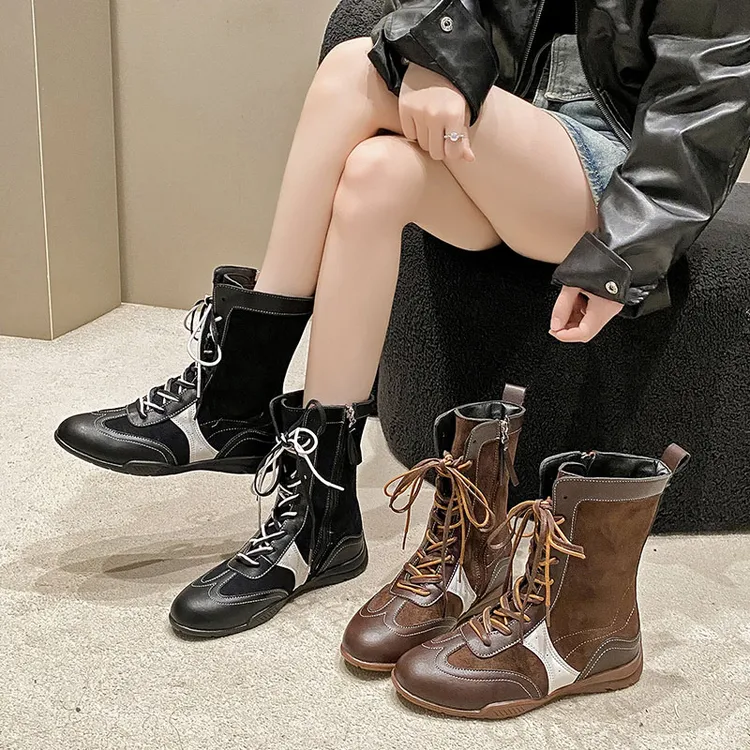 英伦风秋季新款厚底马丁靴棕色网红爆款系带运动德训靴复古骑士靴