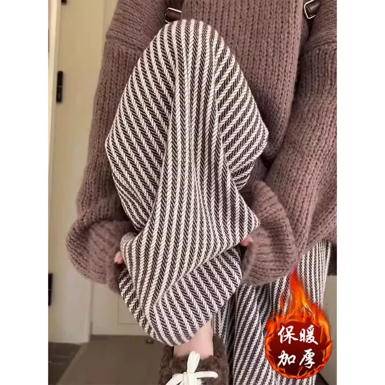 清仓捡漏孕妇毛呢阔腿裤条纹宽松直筒拖地长裤子加绒加厚冬季外穿